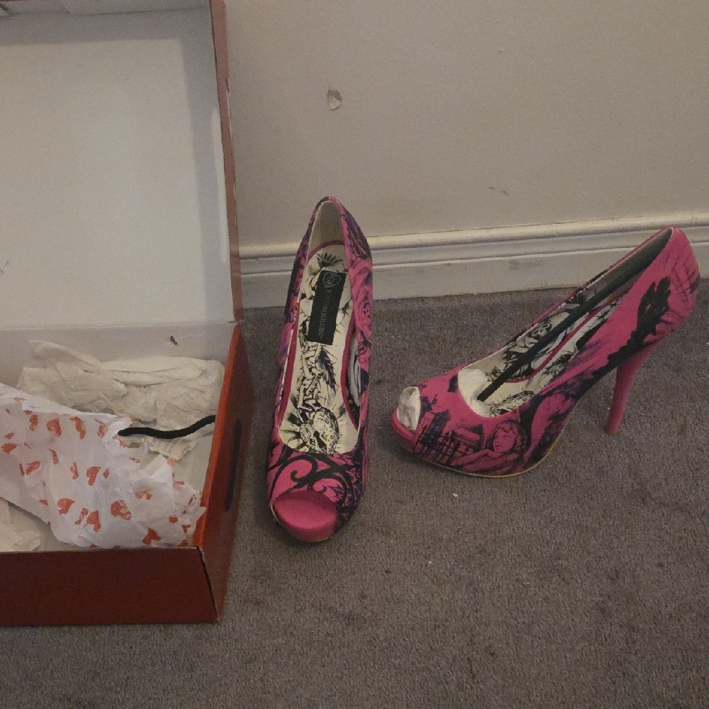 Iron Fist Hot Pink Graphic Peep-Toe Stilettos